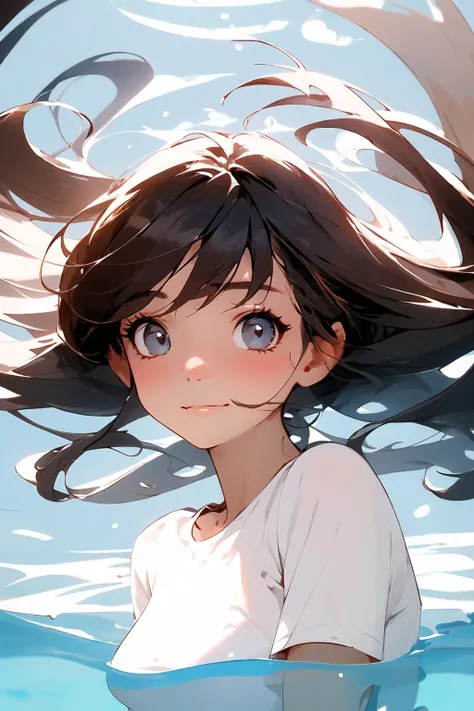 (masterpiece, best quality),best lighting,1girl, chibi style,cute,long hairs,black hair,bangs,beautiful and delicate face,beautiful and delicate eyes,brown eyes,big eyes,t-shirt,clear background,floating water,upper body,