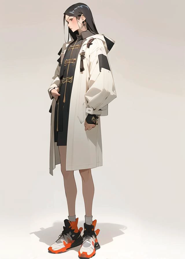 Full body fashion rendering,solo,Chinese fashion men's design,across asymmetrical coat, hood combined with coat elements, long structure coat, embedded ancient Chinese characters, traditional Chinese moire bronzing patterns, additional embellishment design, easy to wear, personality, front, detail display, auxiliary lines, pencil sketch, design sketch, white clean background,