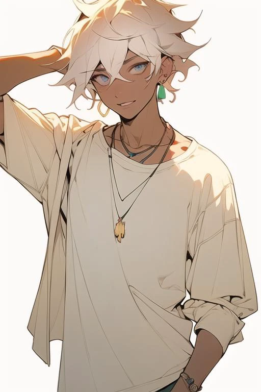 masterpiece,(masterpiece, top quality, best quality),((flat color)),male_focus, white_hair, komaeda_nagito, jewelry,
1boy, solo, earrings, bangs, necklace, hair_between_eyes, messy_hair, shirt, short_hair