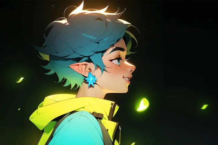 masterpiece,(masterpiece, top quality, best quality),fiery hair, 1boy, solo, fire, male focus, blue fire, from side, profile, black background, upper body, short hair, pointy ears, burning, simple background, black hair, glowing, earrings, glowing hair, jewelry, smile, blue hair, blue eyes, jacket, shirt, closed mouth