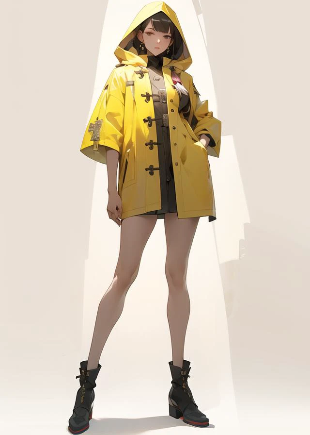 Full body fashion rendering,solo,((front)),Chinese fashion men's design,across asymmetrical coat, hood combined with coat elements, long structure coat, embedded ancient Chinese characters, traditional Chinese moire bronzing patterns, additional embellishment design, easy to wear, personality,detail display, auxiliary lines, pencil sketch, design sketch, white clean background,