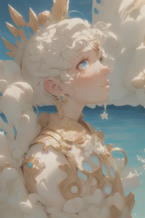 The perfect masterpiece,Highest quality,Perfect artwork,8K,
upper part of the body,Profile close-up,
(Clear eyes:1.3),(Detailed eyes:1.3),flower,sky,whitek,clouble,(by Moto Hagio:1.3),(best artwork by Agnes Lawrence Pelton:1.3),