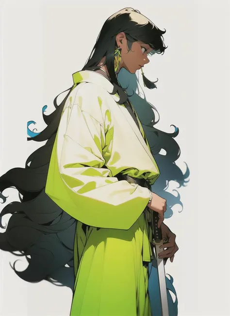 masterpiece,(masterpiece, top quality, best quality),(((flat color))),(spot color ),realistic,long hair, weapon, solo, sword, holding, black hair, tassel, 1boy, holding weapon, male focus, holding sword, white background, jewelry, earrings, floating hair, wide sleeves, simple background, profile, long sleeves, from side, japanese clothes, feet out of frame, very long hair, white robe, tassel earrings, dark skin, standing, robe,
