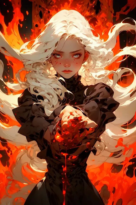 Graphic illustration,Masterpiece,extreme detail,cinematic lighting,straight-on,hell,lava,blood,from above,1girl,standing,own hands clasped,expressionless,open eye,glowing eyes,blood on clothes,white hair,very long hair,black long skirt,broken glass,detailed background,dynamic pose, motion blur,red color,