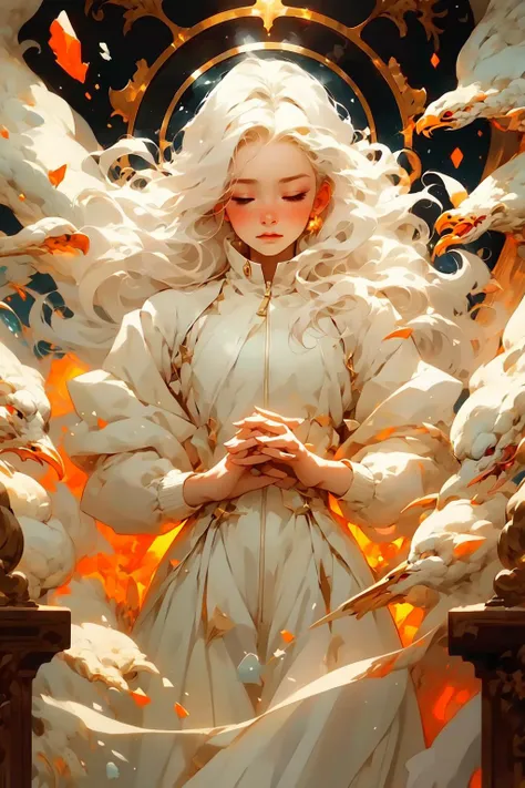 Graphic illustration,Masterpiece,extreme detail,cinematic lighting,straight-on,church,snowing,winter,from above,1girl,standing,own hands clasped,expressionless,one eye closed,white hair,very long hair,white_windbreaker,long skirt,broken glass,detailed background,dynamic pose, motion blur,white color,