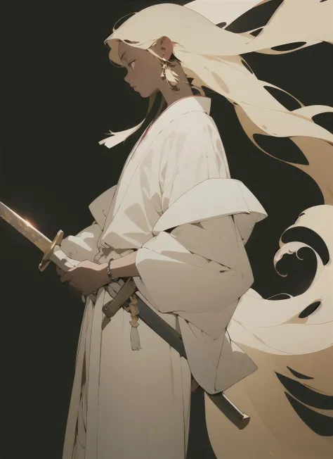 masterpiece,(masterpiece, top quality, best quality),(((flat color))),(spot color ),realistic,long hair, weapon, solo, sword, holding, black hair, tassel, 1boy, holding weapon, male focus, holding sword, white background, jewelry, earrings, floating hair, wide sleeves, simple background, profile, long sleeves, from side, japanese clothes, feet out of frame, very long hair, white robe, tassel earrings, dark skin, standing, robe,