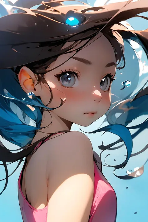 (masterpiece, best quality),best lighting,1girl, chibi style,cute,long hairs,bangs,beautiful and delicate face,beautiful and delicate eyes,big eyes,t-shirt,clear background,floating water,upper body, close up