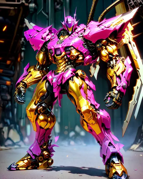 pink_cupcake color,  
Full body shot , 1giant the transformers, front view, dynamic angle,
(fighting stance, dynamic pose:1.4), cyber  , robotic(worrior:1.2), brutal armor, heavy metal design, huge robot_wings, lazer blade, rusty,
scattered scraps, sparkle, glowing, 
(subdivision, angular design, carbon-fiber, high-tech, pistons, robotic frame, metal joints, rubber cables, metal bolts, industrial, structures),
rim lighting, two tone lighting, dimly lit, low key,
in a futuristic warzone, hyper-detailed portrayal of a Mech, formidable,
heliotrope_purple color,
depth of field, wide angle, golden ratio, leading lines ,best quality, masterpiece, extremely detailed, cinematic, hyperrealistic, illustration, absurdres, octane render, rich textures, accurate anatomy, perfect hands, perfect feet, complete fingers, proper number of limbs,  polished,  intricately detailed,
 <lora:add_detail:0.6> <lora:nijiMecha:0.4>  <lora:epiNoiseoffset_v2:1> <lora:A-Mecha-REN[color_theme,mecha musume, mechanical parts, robot joints,headgear,full armor]:0.6> <lora:FINAL  Robort:0.28> <lora:mecha(mjstyle):0.28>