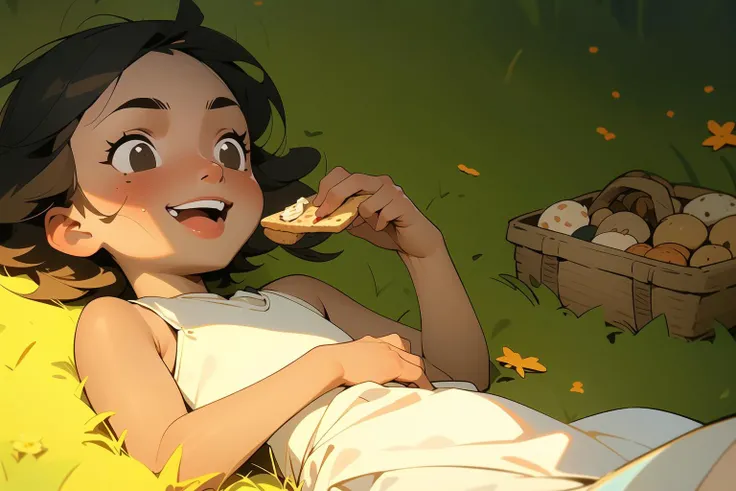 masterpiece,(masterpiece, top quality, best quality)1girl, black hair, lying, food, grass, picnic, open mouth, on stomach, white dress, smile, outdoors, sleeveless, dress, child, holding, female , picnic basket, blush, solo, day, short hair, eating, sunlight, black eyes, sleeveless dress