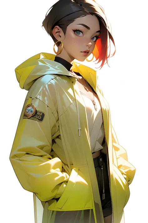 masterpiece,(masterpiece, top quality, best quality),solo, 1girl, earrings, jewelry, black background, hood, looking at viewer, hood up, simple background, cowboy shot, see-through, hand in pocket, jacket, short hair, bag, coat, raincoat, long sleeves, lips, multicolored hair, hoop earrings, grey eyes