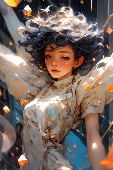 fractal art,Masterpiece,extreme detail,cinematic lighting,from above,close up,1girl,running through water and rain,sunlight,open eyes,scared,tear,looking at viewer,outstretched arms,white hair,short messy hair,simple t-shirt,short pant,broken glass,detailed background,dynamic pose, motion blur,grey color, <lora:GPTS4 dreamwave full_478773:0.5:OUTD> <lora:add_detail:0.6>