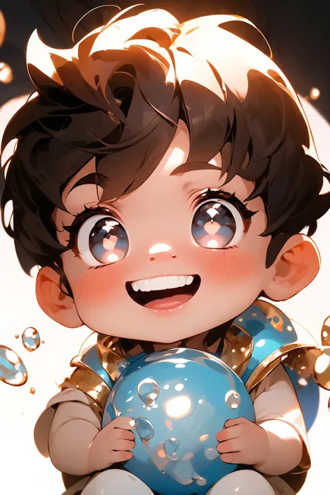 (masterpiece, best quality),best lighting,(1boy:1.3),(chibi style),cute lovely,beautiful and delicate face,beautiful and delicate eyes,big eyes,shiny skin,t-shirt,close up,water,laughing out lovely,,upper body,clear background,fantasy,(bright theme:1.2)
