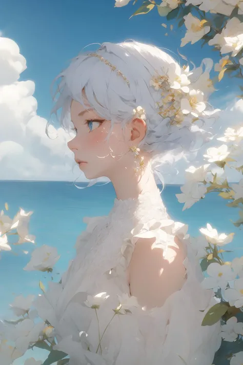 The perfect masterpiece,Highest quality,Perfect artwork,8K,
upper part of the body,Profile close-up,
(Clear eyes:1.3),flower hairpin,sky,clouble,Holographic laser,Holographic white,best artwork by Agnes Lawrence Pelton,by Georgia O'Keeffe,beautiful details,