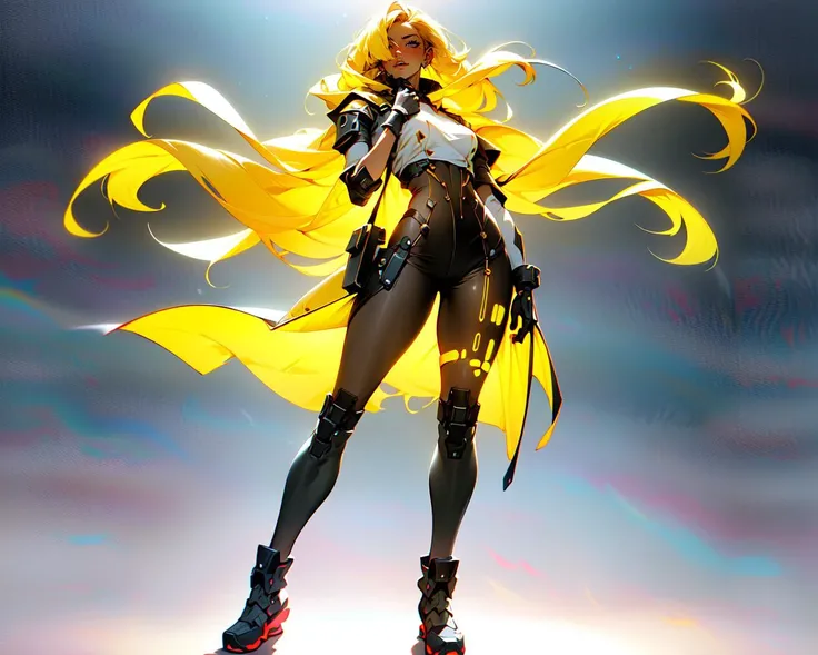 (best quality, masterpiece:1.2), (full body), (dynamic pose), Perfect proportions, an image of a cyberpunk woman robot, long white hair and cape worn and torn floating in the wind, IvoryGold, (High Dynamic Range), Super Resolution, Subsurface scattering, PBR Texturing, Post-processing, Anisotropic Filtering, Depth-of-field,Maximum clarity and sharpness, Multi layered textures, Albedo and Specular maps, Surface shading, Accurate simulation of light-material interaction, Octane Render, Two tone lighting, Wide aperture,