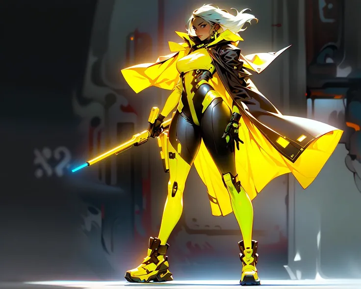 (best quality, masterpiece:1.2), (full body), (dynamic pose), Perfect proportions, an image of a cyberpunk woman robot, long white hair and cape worn and torn floating in the wind, IvoryGold, (High Dynamic Range), Super Resolution, Subsurface scattering, PBR Texturing, Post-processing, Anisotropic Filtering, Depth-of-field,Maximum clarity and sharpness, Multi layered textures, Albedo and Specular maps, Surface shading, Accurate simulation of light-material interaction, Octane Render, Two tone lighting, Wide aperture,