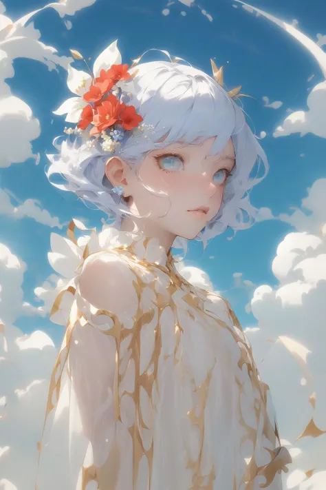 The perfect masterpiece,Highest quality,Perfect artwork,8K,
upper part of the body,
(Clear eyes:1.3),flower hairpin,sky,clouble,Holographic laser,Holographic white,best artwork by Agnes Lawrence Pelton,by Georgia O'Keeffe,beautiful details,
