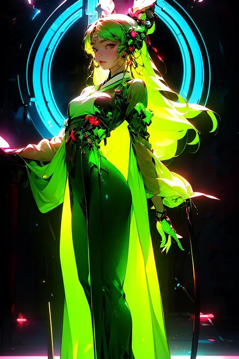 (8k, RAW photo, best quality, masterpiece:1.2), (extremely detailed CG unity 8k wallpaper), 1 girl solo, perfect_hand, full body, (neon lights:1.2), mechanical arms, (hanfu:1.1), (Dancing posture:1.1), light column background, glowing, (light particles:1.1), <lora:SBGF:0.8>, flat color,