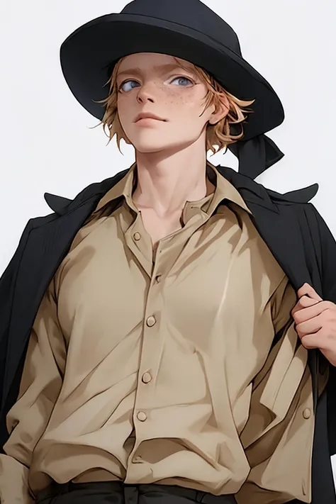 <lora:Krester2.0:0.6> (8k, RAW photo, best quality, masterpiece:1.2), professional lighting, Krester, blond, men with scar on his cheekbone, solo, short hair, brown hair, shirt, 1boy, hat, jacket, upper body, male focus, collared shirt, black jacket, black headwear, scar, looking up, freckles, realistic, horror (theme),