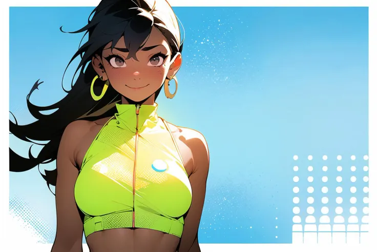 masterpiece,(masterpiece, top quality, best quality),(((((halftone texture ))))),(((spot color))),((flat color ))1girl,solo,looking at viewer,black hair,brown eyes,upper body,sleeveless,smile,breasts,bare shoulders,red shirt,shirt,earrings,plant,jewelry,closed mouth,hair between eyes,medium breasts,bangs,long hair,leaf,blush,ribbon,dark skin,hair ribbon,medium hair,dark-skinned female,