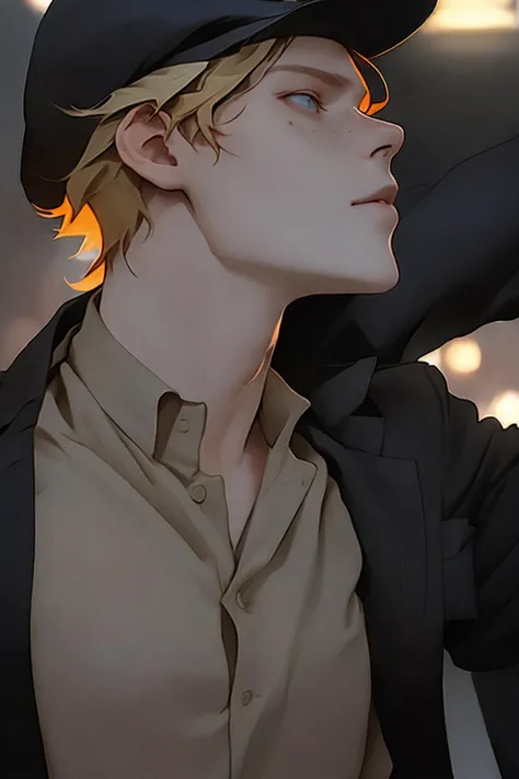 <lora:Krester2.0:0.6> (8k, RAW photo, best quality, masterpiece:1.2), professional lighting, Krester, blond, men with scar on his cheekbone, solo, short hair, brown hair, shirt, 1boy, hat, jacket, upper body, male focus, collared shirt, black jacket, black headwear, scar, looking up, freckles, realistic, horror (theme),