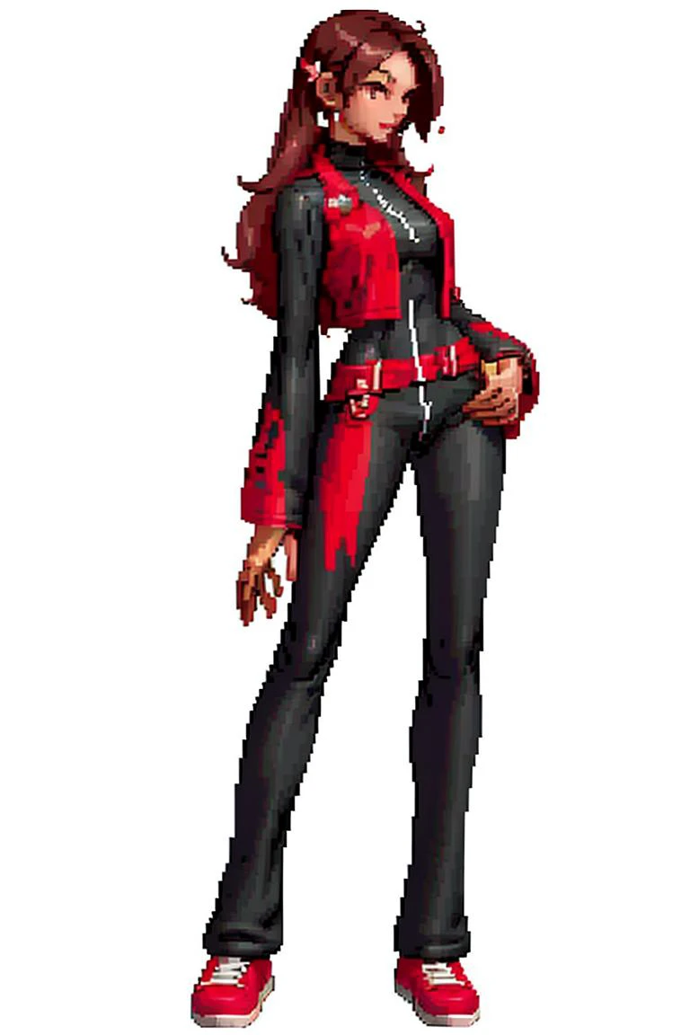 masterpiece,best quality,1girl,<lora:kof:0.7>,fullbody,pixel art,bodysuit,casual wear,