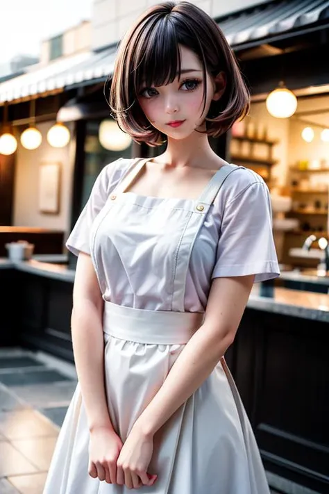 1girl,solo,realistic,fine skin texture,looking at viewer,shirt,short hair,smile,white shirt,blurry background,blurry,short sleeves,apron,brown hair,photo background,teeth,blue apron,outdoors,parted lips,black hair,black eyes,absurdres,highres,(masterpiece:1.2),(best quality, highest quality),