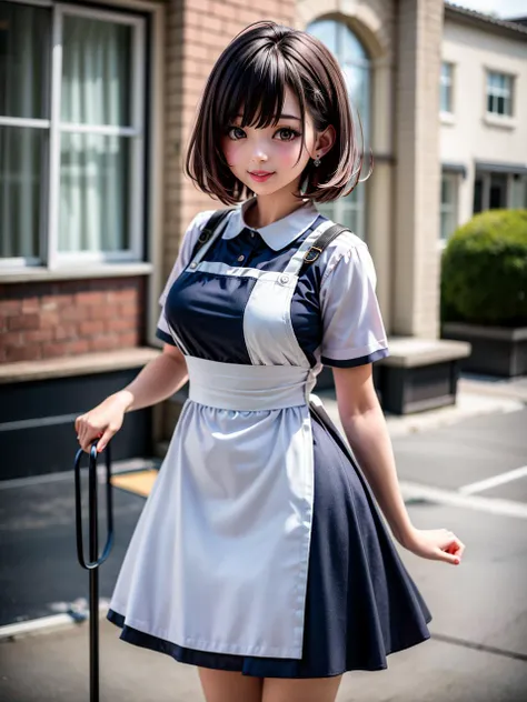 1girl,solo,realistic,fine skin texture,looking at viewer,shirt,short hair,smile,white shirt,blurry background,blurry,short sleeves,apron,brown hair,photo background,teeth,blue apron,outdoors,parted lips,black hair,black eyes,absurdres,highres,(masterpiece:1.2),(best quality, highest quality),