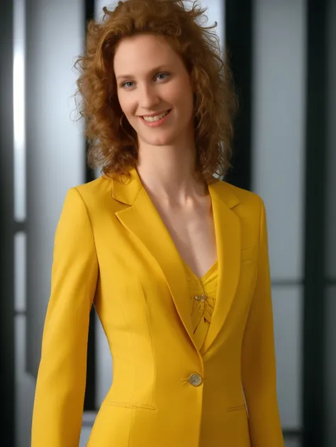 JudithHoagTMNTApril, ((dynamic pose, sexy standing pose :1.4)), ((in a news office, noon, bokeh, realistic lighting, ray tracing, bloom, cowboy shot:1.4)), ((solo)), (close-up shot :1.4), ((masterpiece, best quality, highres, absurdres)), a high resolution RAW photo of a young JudithHoagTMNTApril woman with long curly red hair, ((curly hair :1.4)), ((wearing a yellow suit and white shirt)), ((smiling, happy facial expression, looking at viewer)), atmospheric, ((photorealism, photorealistic:1.4)), 8k, highly detailed, intricate detail, ((thin torso, slender, flat chest, slender build :1.4)), <lora:Civitai_JudithHoag_90s_TMNT_April_ONeil:0.8>