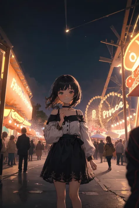 (best quality, masterpiece1.2), intricate detail, depth of field, 20 years old girl, off shoulder, night, festival, Amusement parks, pov, smile, standing, Excited, hi