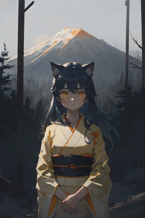 masterpiece, best quality, cinematic composition, cinematic lighting,
BREAK (1girl, solo, standing, upper body, blue hair, cat ears, yellow eyes, long hair, arms at sides, orange eyes, white kimono),
abandoned kitsune shrine in the woods, in the mountains, scenery, landscape, (white theme:1.3)