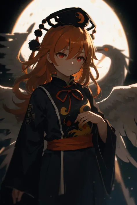 (masterpiece, cinematic composition, cinematic lighting, bokeh, depth of field, bloom, shine, moody lighting, harsh lighting),
(junko \(touhou\), black headwear, tabard, phoenix crown, crescent, pom pom \(clothes\), upper body, bangs, orange hair, ribbon, bowtie, sash, closed mouth, hair between eyes, red eyes, standing, energy, long sleeves, very long hair, black dress, hat, belt, wide sleeves, blonde hair, chinese clothes),
(film grain, film look)