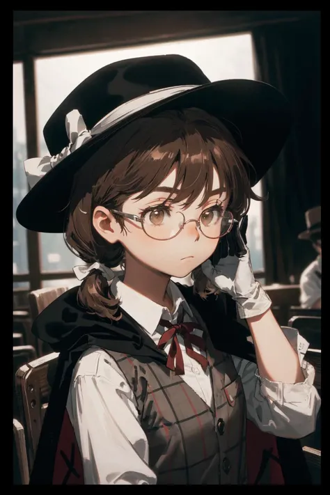 (masterpiece, cinematic composition, cinematic lighting, bokeh, depth of field, bloom, shine, moody lighting, harsh lighting),
(usami sumireko, school uniform, bangs, red-framed eyewear, plaid vest, cape, plaid brown hair, under-rim eyewear, fedora, short hair, hat bow, long sleeves, purple brown eyes, white bow, black headwear, gloves, socks, semi-rimless eyewear, ribbon, low twintails, white shirt),
(film grain, film look)