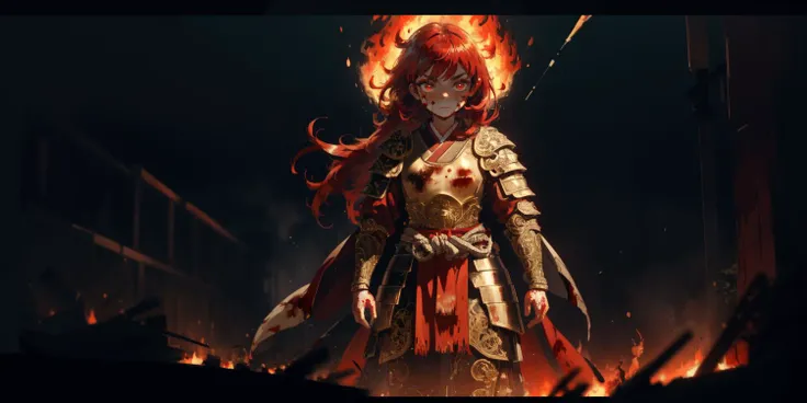 1girl, standing, (red hair), japanese armor, female armor, red lining, red trim, jewelry, (red eyeliner:1.3), (detailed background:1.3, cinematic, intricate detail:1.3, princess, fire, glow, blood splatter, wide shot),
<lora:add_detail:0.45>, <lora:StyleBuff_v1 - stylebuff:0.45>, <lora:LowRA-contrast-offset:0.35>