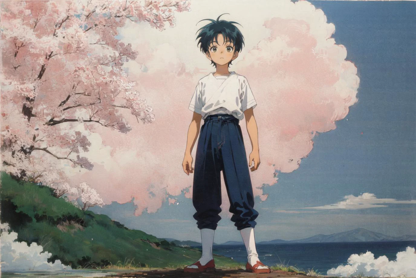 (80's anime: 1.2), (ghibli), boy standing at the edge of the world