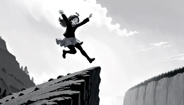 1girl,necromancer queen,manga,aesthetic,grayscale,(black and white illustration:1.3),jumping off a cliff,style by junji ito,<lora:junji_ito_v6:1>,smiling open mouth,<lora:GoodHands-beta2:1>,, masterpiece,8k resolution,HDR,