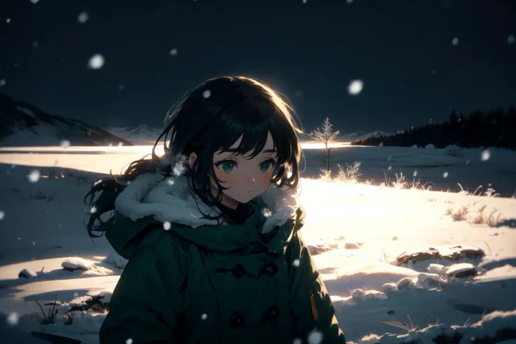 best-quality aesthetic detailed 1girl solo young-girl upper-body soft-lighting cinematic landscape scenery half-shadow green-theme winter-theme snowing winter wind