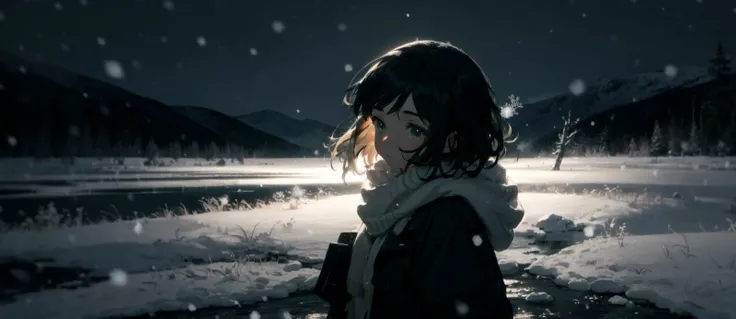 best-quality aesthetic detailed 1girl solo young-girl upper-body soft-lighting cinematic landscape scenery half-shadow green-theme winter-theme snowing winter wind