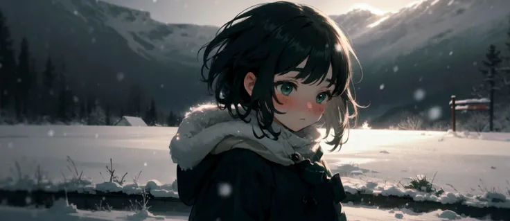 best-quality aesthetic detailed 1girl solo young-girl upper-body soft-lighting cinematic landscape scenery half-shadow green-theme winter-theme snowing winter wind storm snowstorm blush nose-blush