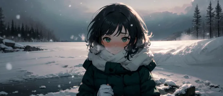 best-quality aesthetic detailed 1girl solo young-girl upper-body soft-lighting cinematic landscape scenery half-shadow green-theme winter-theme snowing winter wind storm snowstorm blush nose-blush