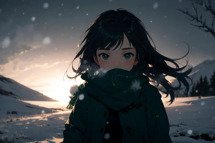 best-quality aesthetic detailed 1girl solo young-girl upper-body soft-lighting cinematic landscape scenery half-shadow green-theme winter-theme snowing winter wind