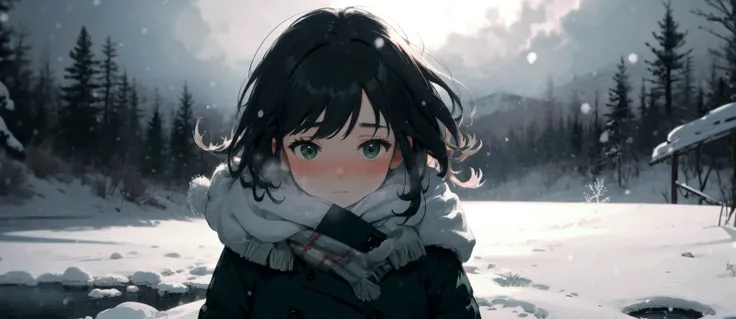 best-quality aesthetic detailed 1girl solo young-girl upper-body soft-lighting cinematic landscape scenery half-shadow green-theme winter-theme snowing winter wind storm snowstorm blush nose-blush