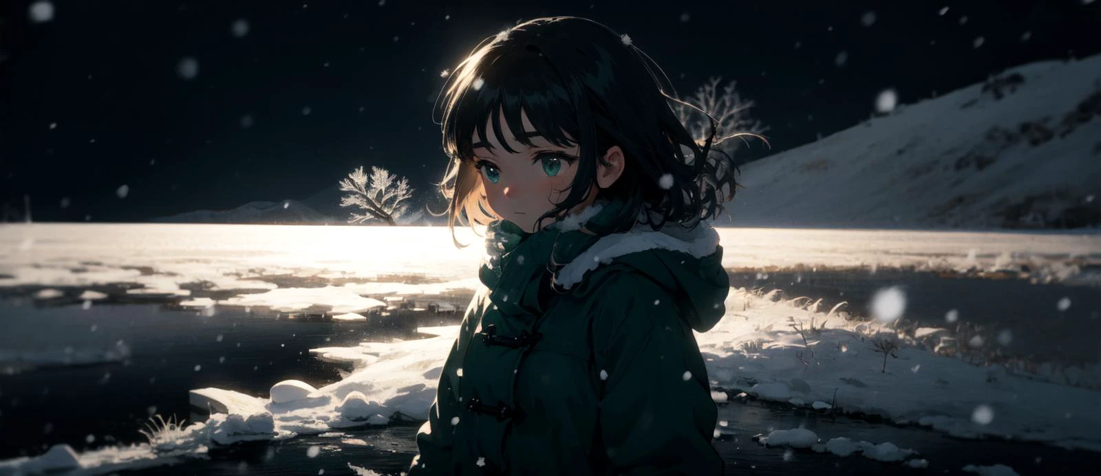 best-quality aesthetic detailed 1girl solo young-girl upper-body soft-lighting cinematic landscape scenery half-shadow green-theme winter-theme snowing winter wind