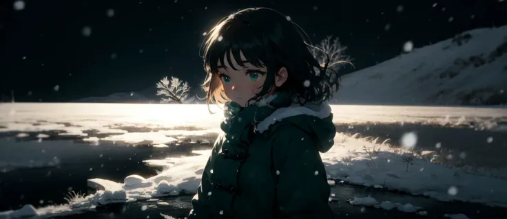 best-quality aesthetic detailed 1girl solo young-girl upper-body soft-lighting cinematic landscape scenery half-shadow green-theme winter-theme snowing winter wind