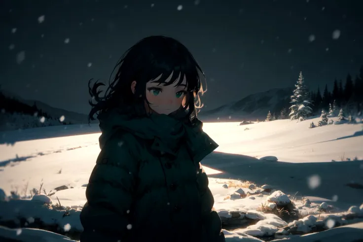 best-quality aesthetic detailed 1girl solo young-girl upper-body soft-lighting cinematic landscape scenery half-shadow green-theme winter-theme snowing winter wind