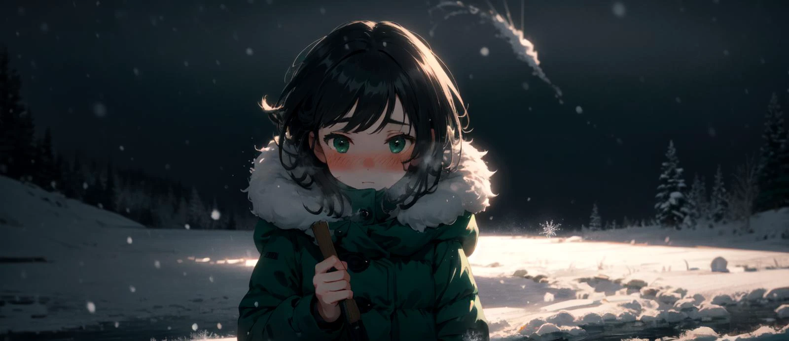 best-quality aesthetic detailed 1girl solo young-girl upper-body soft-lighting cinematic landscape scenery half-shadow green-theme winter-theme snowing winter wind storm snowstorm blush nose-blush