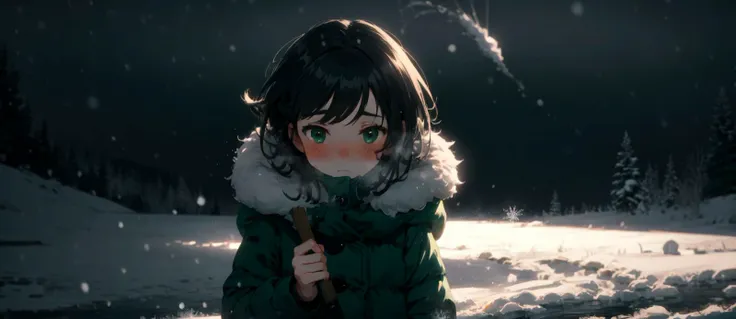 best-quality aesthetic detailed 1girl solo young-girl upper-body soft-lighting cinematic landscape scenery half-shadow green-theme winter-theme snowing winter wind storm snowstorm blush nose-blush