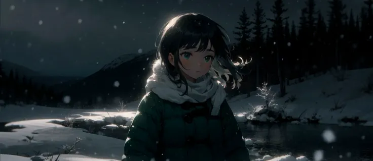 best-quality aesthetic detailed 1girl solo young-girl upper-body soft-lighting cinematic landscape scenery half-shadow green-theme winter-theme snowing winter wind