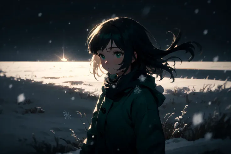best-quality aesthetic detailed 1girl solo young-girl upper-body soft-lighting cinematic landscape scenery half-shadow green-theme winter-theme snowing winter wind