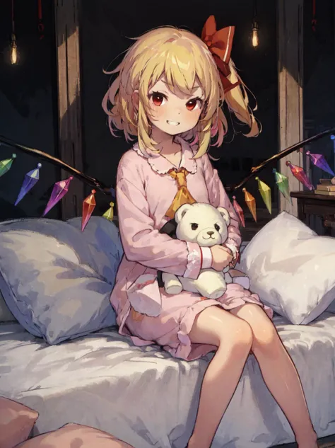 high quality,colorful,masterpiece,(pastel color , colorful:1.2),1 girl,smirk,grin,sitting on pillow,holding stuffed animal,bed hair,pyjama,
<lora:FizintineStyle:0.75>,fizstyle,<lora:breastsizeslideroffset:-0.35>,<lora:ke-ta-01-CounterfeitV25_25:0.5>,<lora:breastinclassBetter:0.45>,long blond hair,<lora:deluxe-19:0.4>,<lora:flandre_scarlet_touhou:0.75>, flandre_scarlet_touhou,