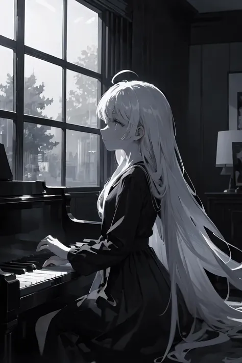 manga,aesthetic,grayscale,(black and white illustration:1.3), masterpiece,8k resolution,HDR, 1girl, white hair, absurdly long hair, ahoge, blue eyes, flat chest, expressionless, black dress, giant window, playing piano, tyndal effect, sunray streams, looking away